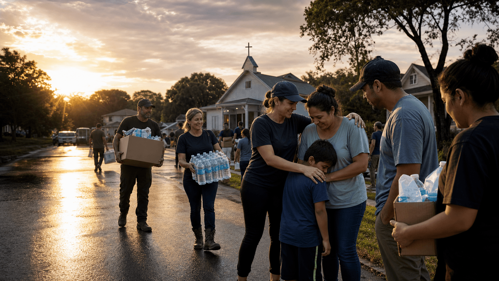 Church volunteers bringing water and supplies to a family outside a local church after a storm.