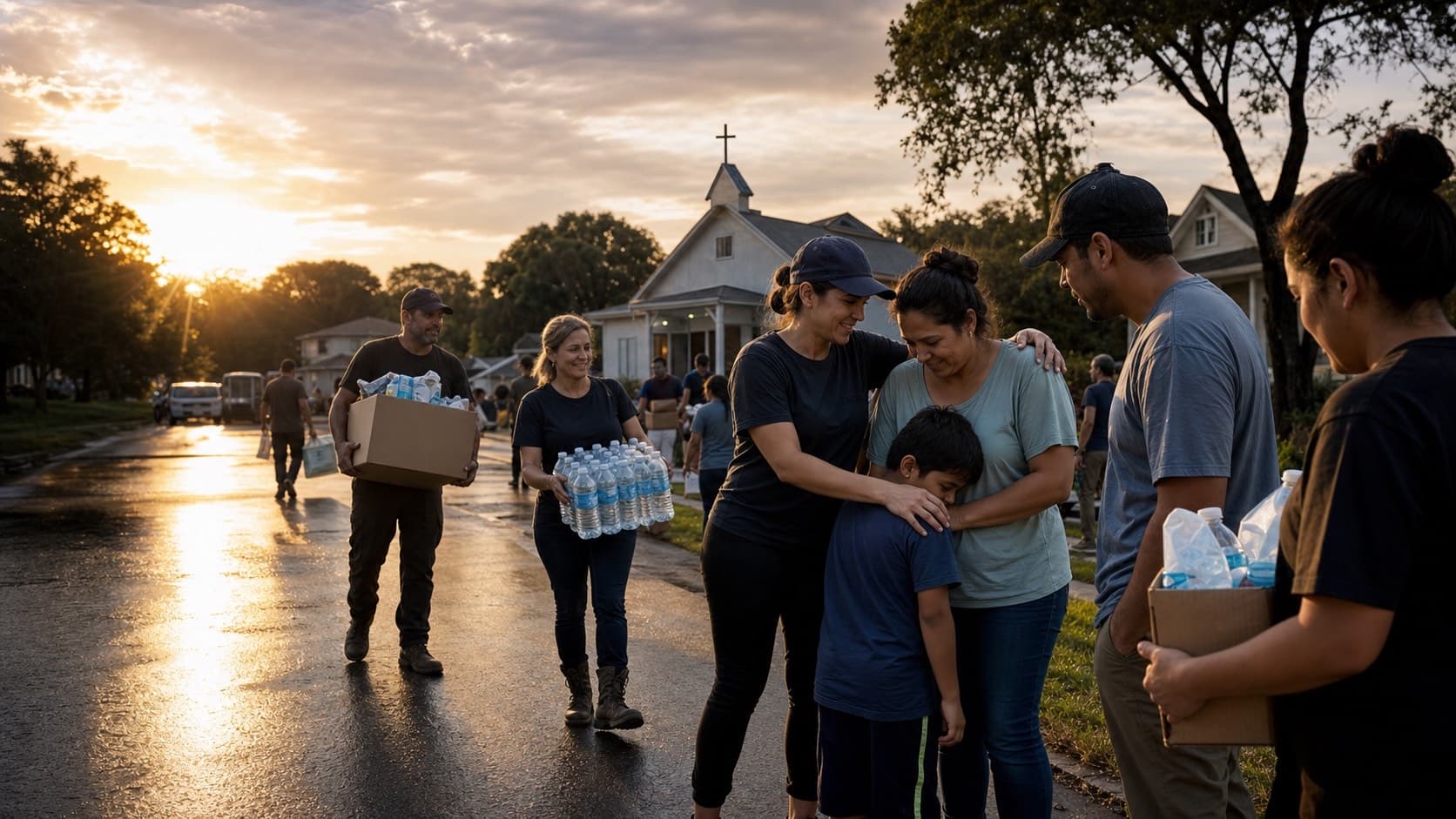 Church volunteers bringing water and supplies to a family outside a local church after a storm.